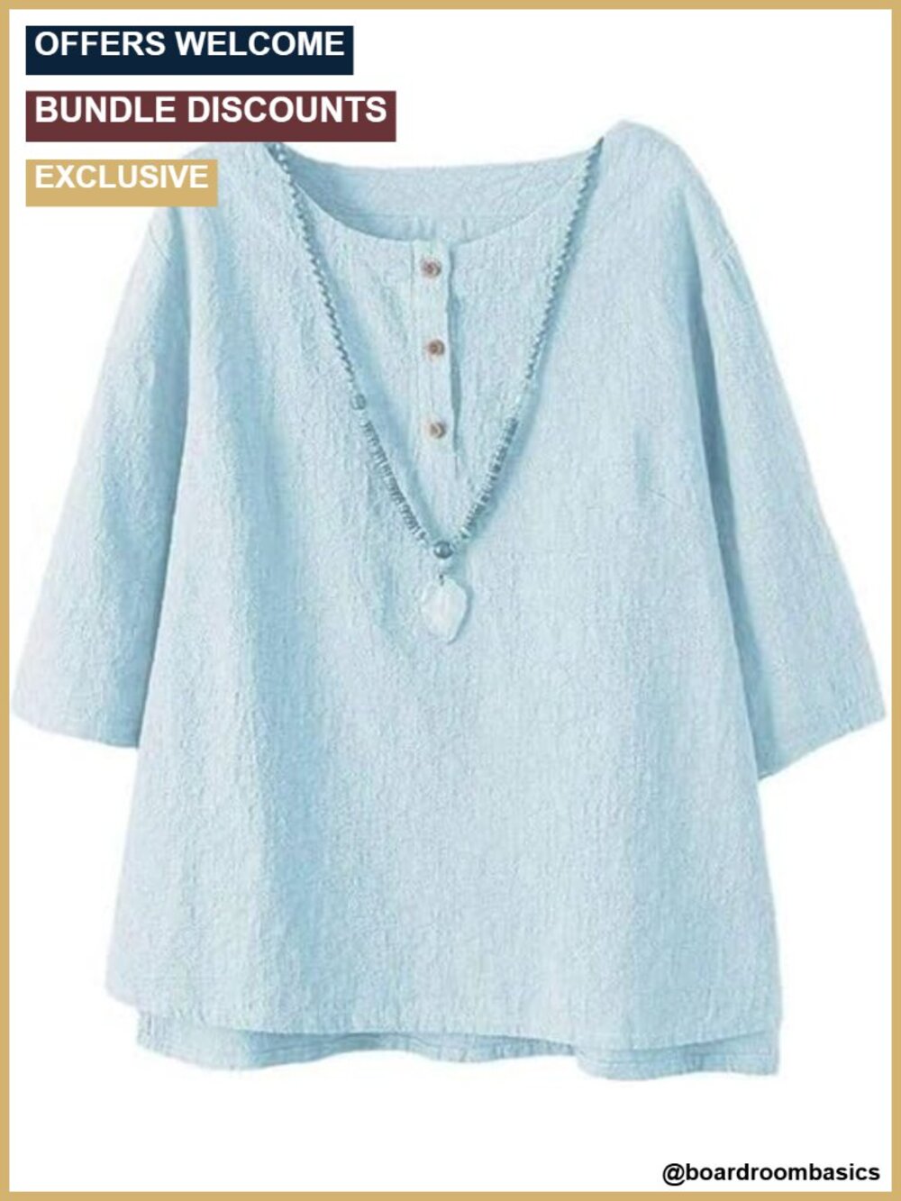 Cotton Linen Jacquard Blouse 3/4 Sleeve Button Top